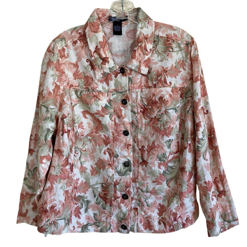 Saint Tropez West Vintage 90s Tapestry Print Trucker Jacket 100% Linen Sz L/XL